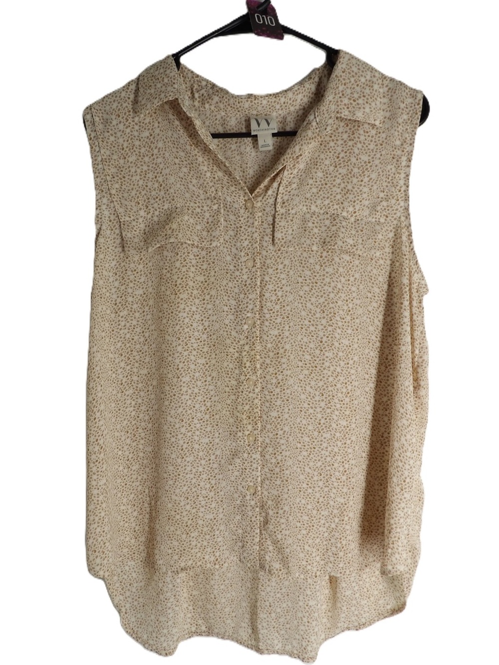 Worthington Beige Scattered Dot Pattern Sleeveless Button-Down Blouse
